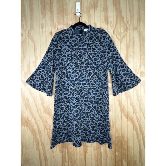 Tyler Boe Blue Black Grey Animal Print Dress Bell Sleeve Flare Size Large A-Line - Picture 3 of 10